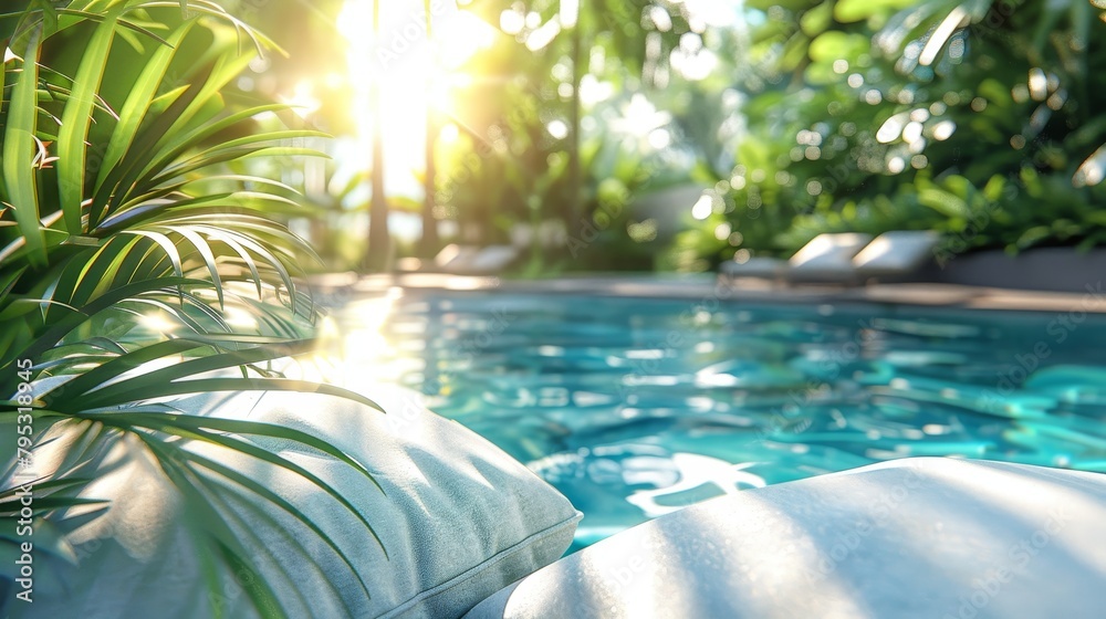 Luxury hotel pool details  plush cushions, sparkling water, shiny tiles on light backdrop