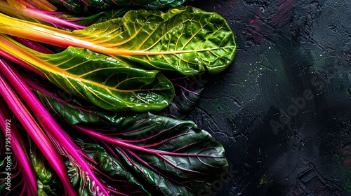 A bundle of vibrant rainbow chard leaves, with their colorful stems and dark green foliage, packed with vitamins and minerals.