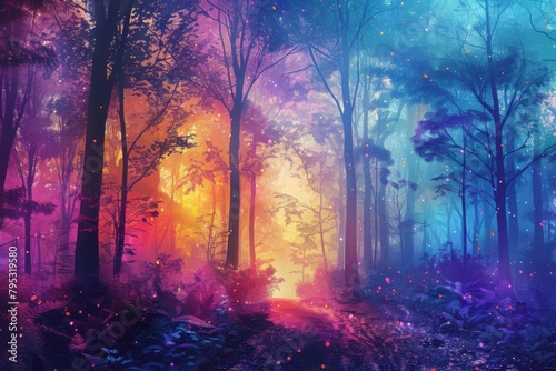 whimsical forest landscape with vibrant colors and ethereal atmosphere ai generated art