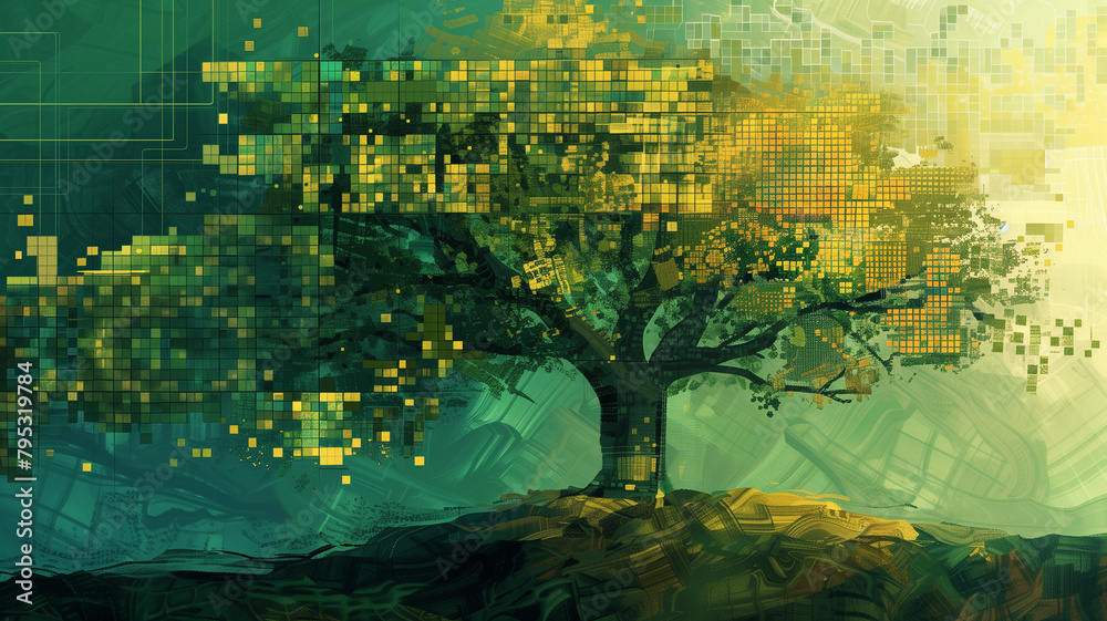 A digital painting of a tree with its branches forming interconnected blocks, representing decentralization - obrazy, fototapety, plakaty 