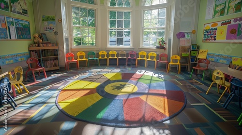 An empty classroom with chairs in a circle on a colorful carpet.