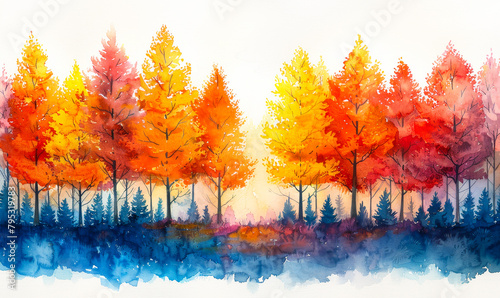 Vibrant Watercolor Panorama: Lush Treescapes, Artistic Nature Illustration photo