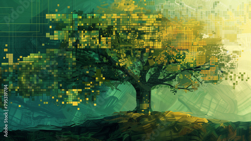 A digital painting of a tree with its branches forming interconnected blocks  representing decentralization
