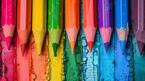 A row of colored pencils with their tips submerged in a rainbow of colors. photo