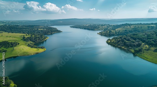 A drone aerial view of a large and expansive lake surrounded by lush greenery and rolling hills, showcasing the beauty and grandeur of nature's inland waterways. © chanidapa