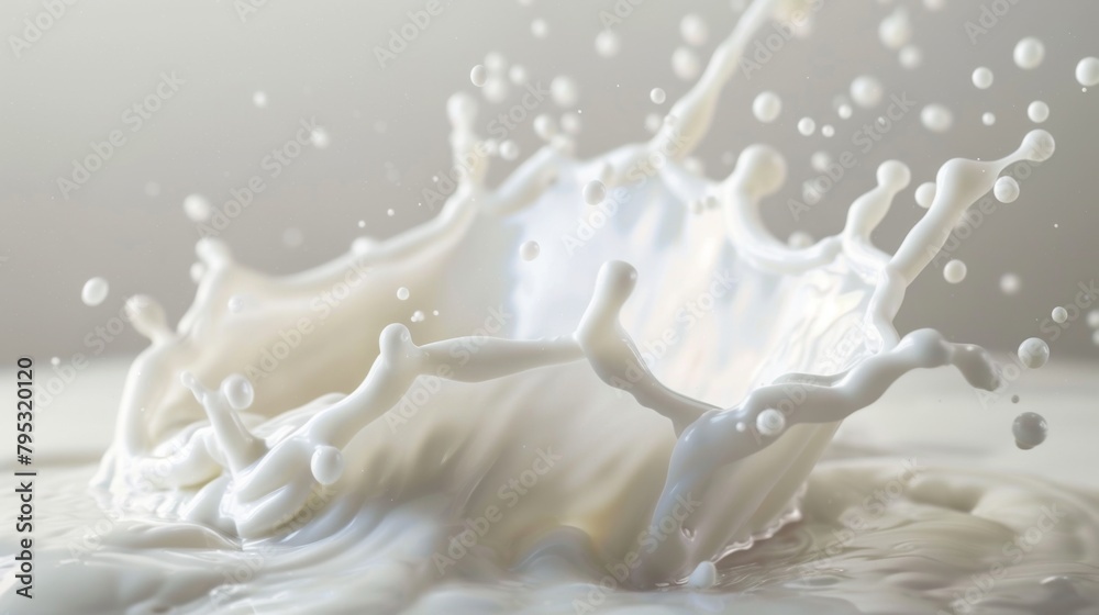 Milk splashing effect. Liquid beverage pouring down. Design element for advertising. A splash of milk on a white surface. The milk is white and fluffy, and it is making a beautiful splash. Milk splashing effect. Liquid beverage pouring down. Design element for advertising. A splash of milk on a white surface. The milk is white and fluffy, and it is making a beautiful splash.