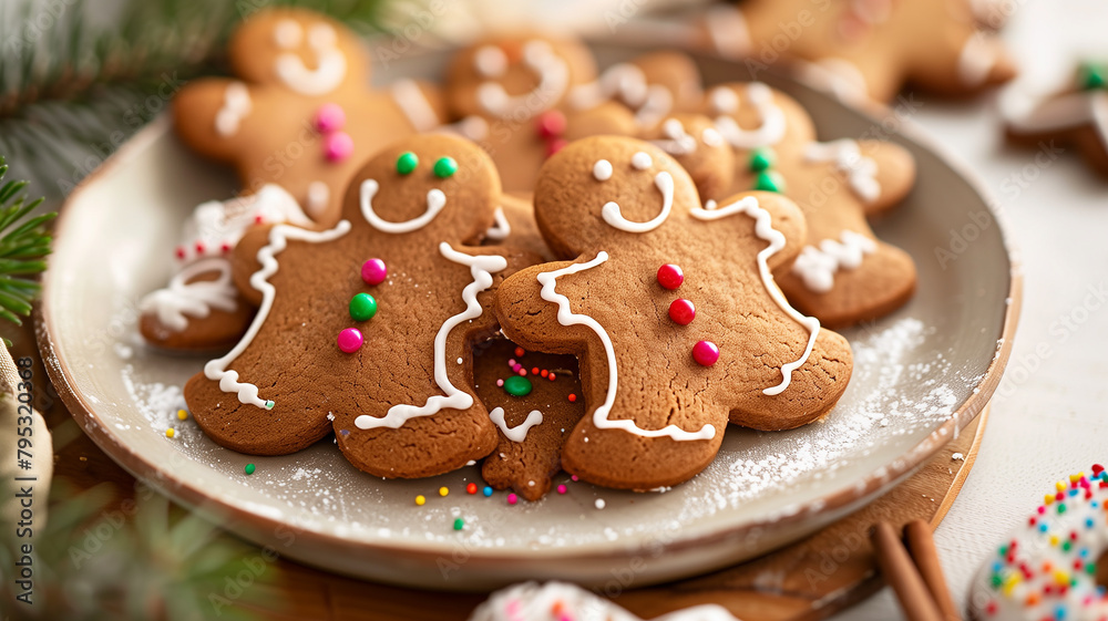 A steaming plate of gingerbread cookies decorated with colorful icing and sprinkles A steaming plate of gingerbread cookies decorated with colorful icing and sprinkles