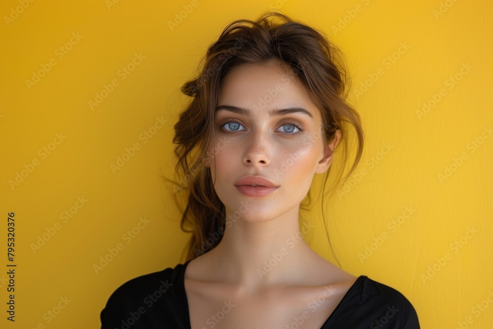 Businesswoman Expressing Curiosity in Studio in yellow background Businesswoman Expressing Curiosity in Studio in yellow background
