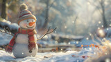 A snowman wearing a funny hat and scarf, adding a playful touch to the winter scene