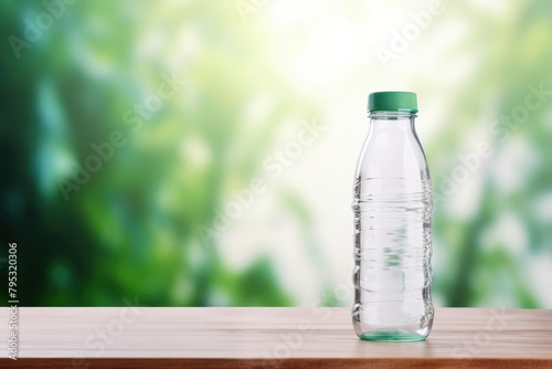 Transparent, full water bottle with a green screw cap on a wooden table, with a bokeh greenery background. Transparent Water Bottle with Green Cap on Table