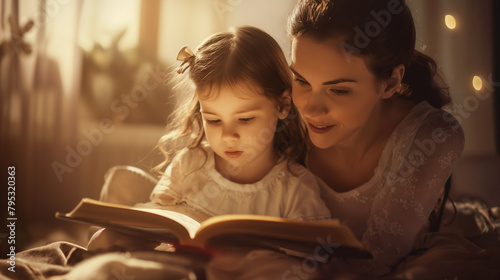 Mãe lendo um livro de historias para sua filha  photo