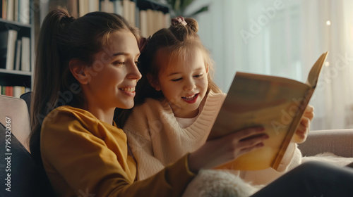 Mãe lendo um livro de historias para sua filha  photo