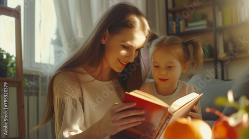 Mãe lendo um livro de historias para sua filha 