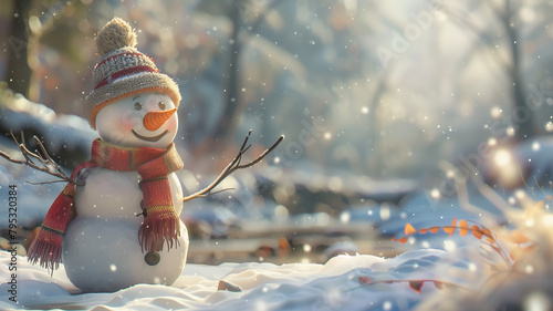 A snowman wearing a funny hat and scarf, adding a playful touch to the winter scene photo