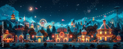 A whimsical digital painting of a colorful circus at night with a starry sky and a crescent moon. photo