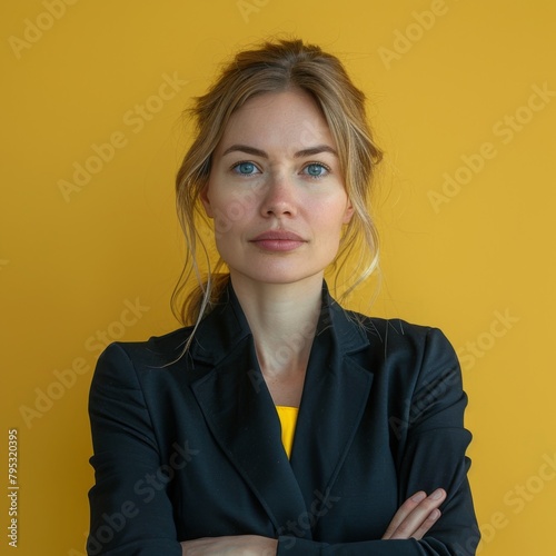 Businesswoman Expressing Curiosity in Studio in yellow background photo