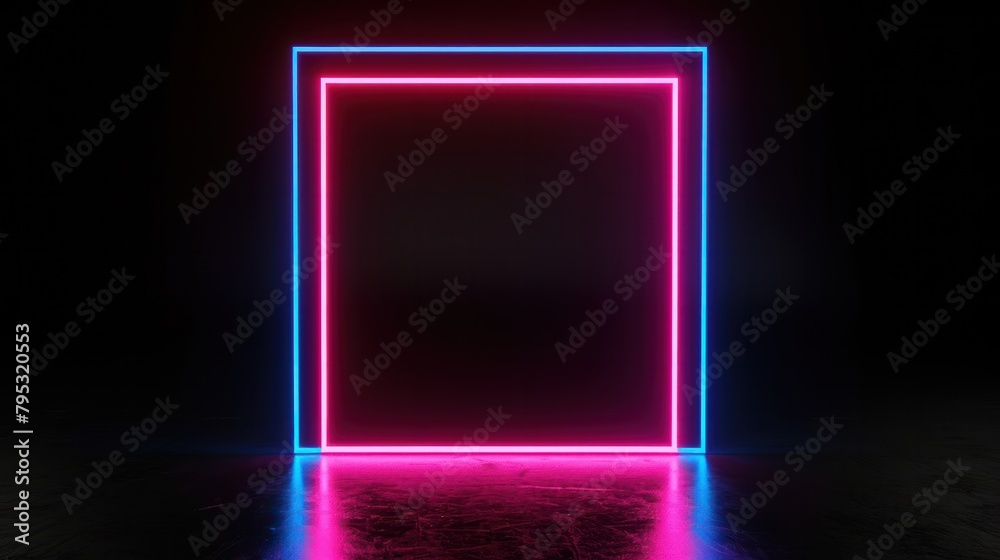 Square rectangle picture frame with two tone neon color on black wall and floor Square rectangle picture frame with two tone neon color on black wall and floor