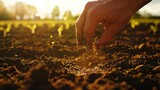 A farmer sowing seeds in fertile soil on a sunny day, beginning the process of planting crops for a bountiful harvest season.