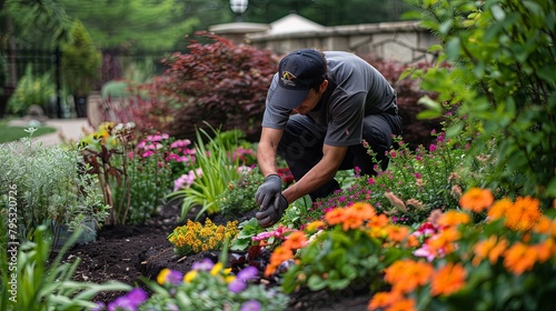 A gardener carefully planting colorful flowers and shrubs in a landscaped garden, creating a vibrant and inviting outdoor space. © chanidapa