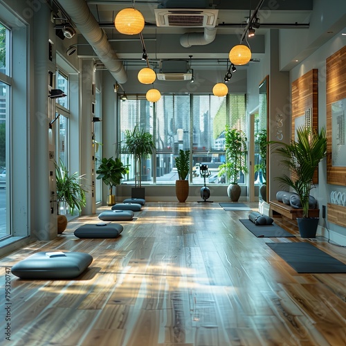 The photo shows a yoga studio with wooden floors, large windows, and several yoga mats and props. The space is bright and airy, with a modern, minimalist aesthetic. photo