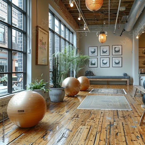 The image shows a yoga studio with wooden floors, large windows, and a variety of yoga props. photo