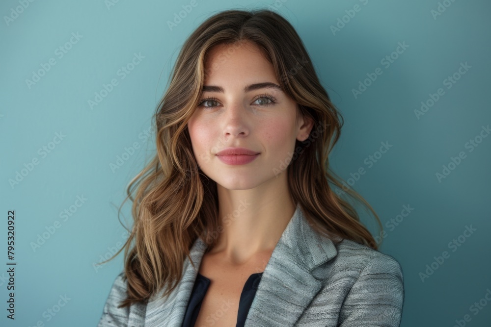 Confident Businesswoman in Studio in light blue background Confident Businesswoman in Studio in light blue background