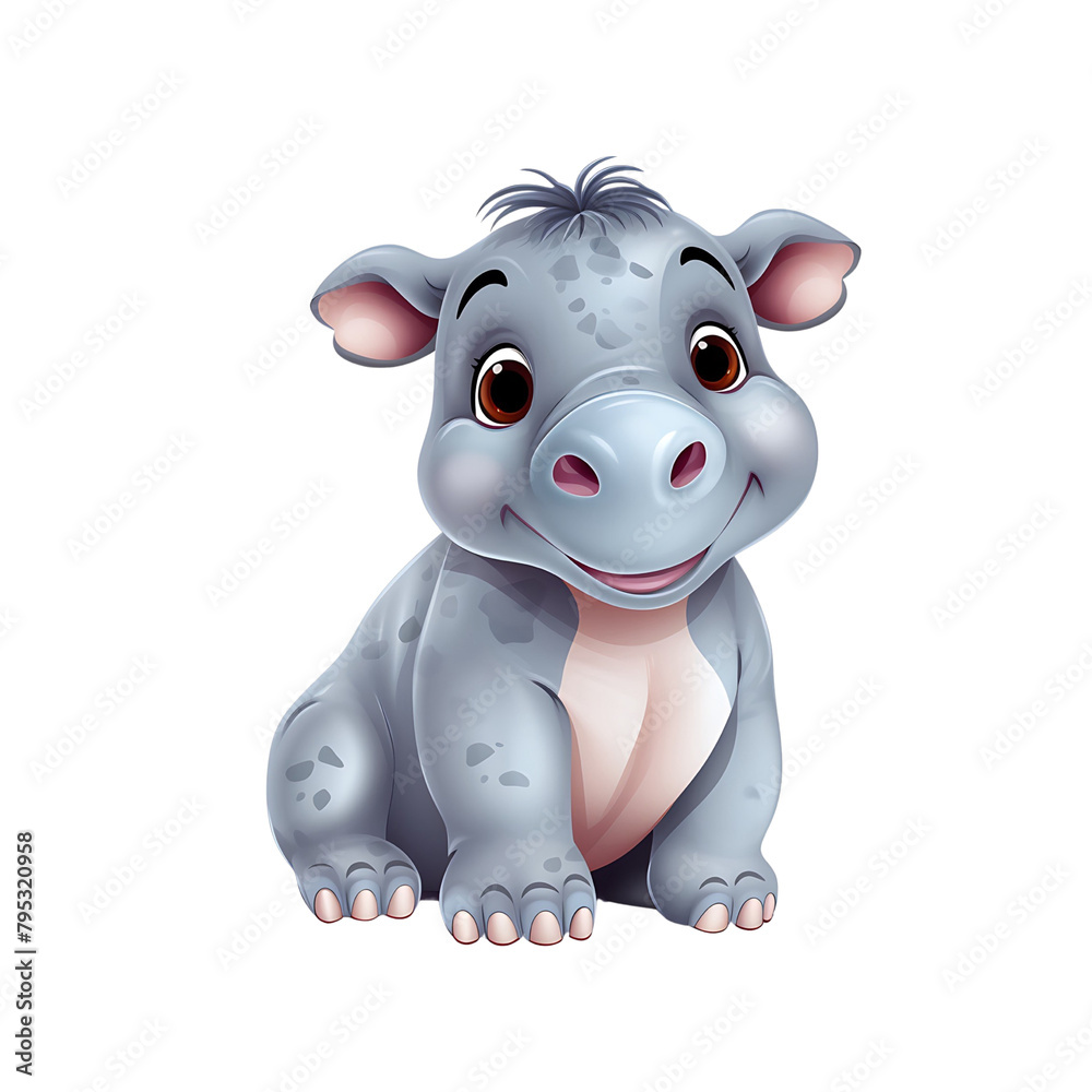 Charming baby hippo cartoon with a beaming smile and soft blue skin. Generative AI