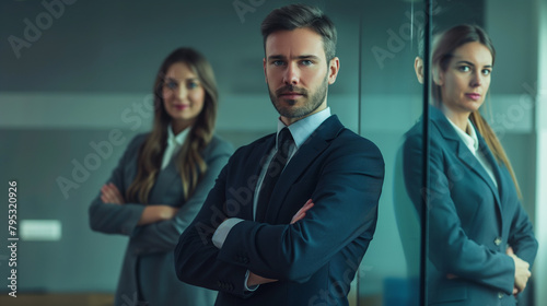 Homem de braços cruzados vestindo terno no escritório com sua equipe no fundo  photo