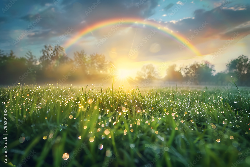 Naklejka premium A peaceful early morning stretch on a lush meadow with dew on the grass, a faint rainbow arching in the distant sky