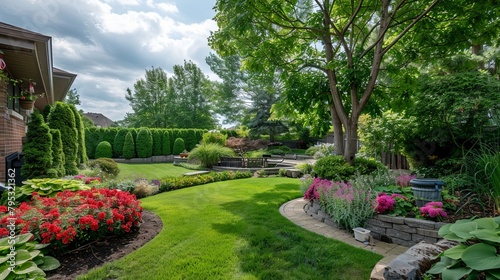 A landscaped backyard with neatly trimmed trees and colorful flower beds, showcasing the beauty of a well-maintained outdoor space.