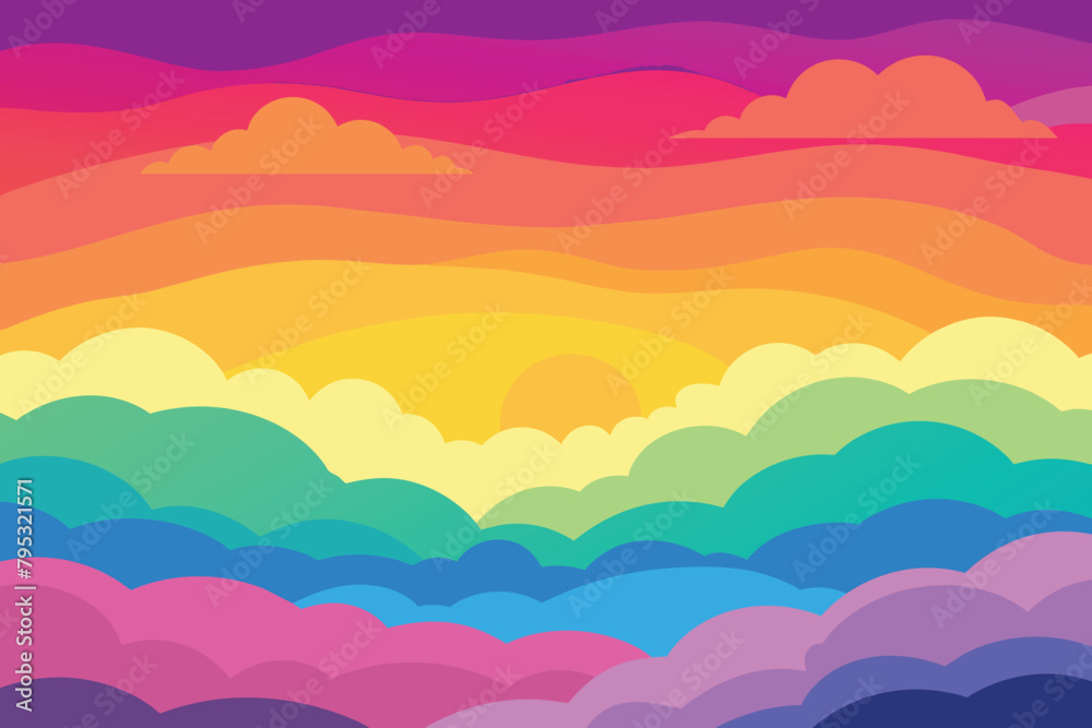 Colorful watercolor background of abstract sunset sky with puffy clouds in bright rainbow colors of pink green blue yellow and purple vector