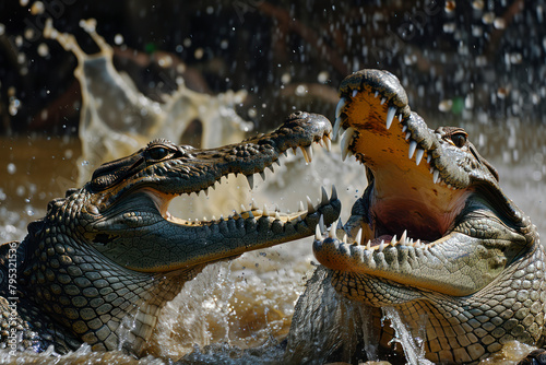 Two crocodiles engage in a fierce battle over territory.