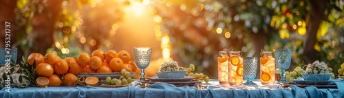 Table set for a garden party with oranges and flowers as decorations photo
