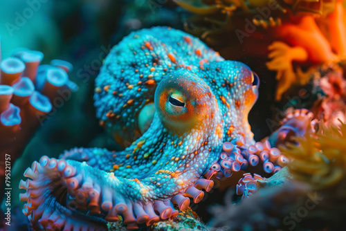 An octopus camouflages itself among the rocks and coral.