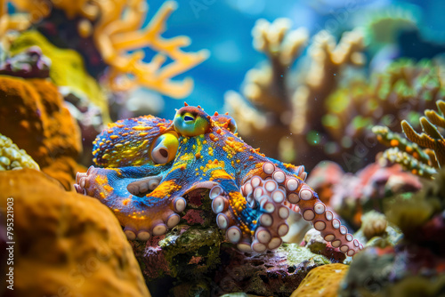 An octopus camouflages itself among the rocks and coral. photo