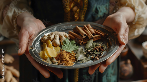 Fototapeta Naklejka Na Ścianę i Meble -  Hands holding a decorative plate filled with an assortment of aromatic spices and herbs, essential in traditional culinary arts.
