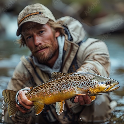 A man holds a large brown trout in his hands. The man is wearing a hat and a jacket. The background is blurred.