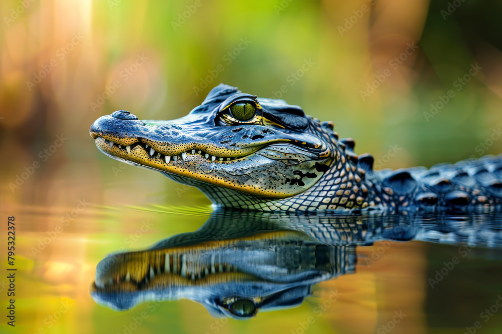 Obraz premium An alligator lurks in the still waters of a swamp.