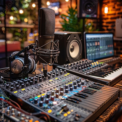 A professional music production studio with a microphone, headphones, and a mixing console. photo
