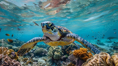 An endangered hawksbill sea turtle gracefully glides over a coral reef off Yap Island in Micronesia. Hawksbill turtles are well known for their beautiful shells and distinctive beak-like jaws. © Saowanee