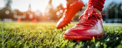 Close up of a football players cleats digging into the grass photo
