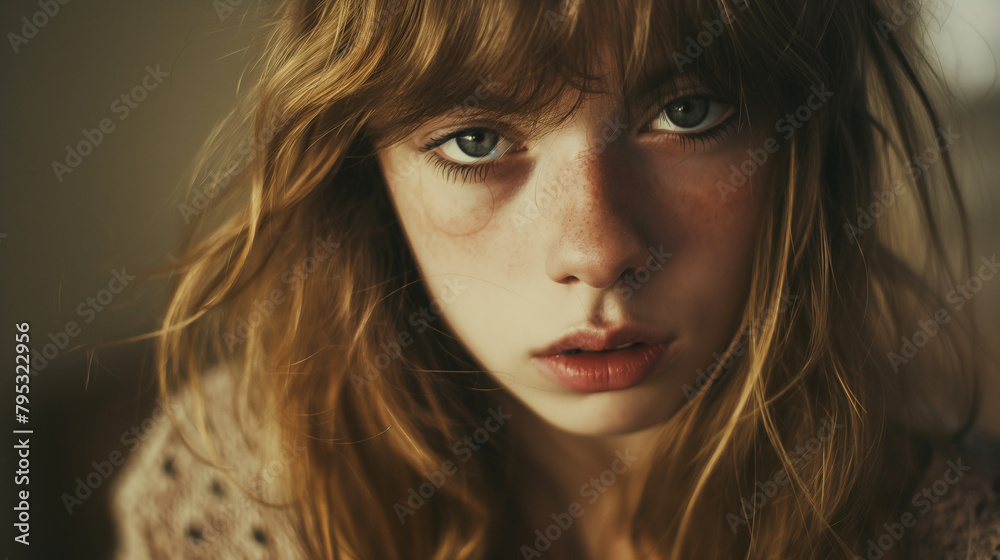 A close-up portrait of a young woman with tousled hair and intense eyes, her face speckled with freckles and a thoughtful expression.
A close-up portrait of a young woman with tousled hair and intense eyes, her face speckled with freckles and a thoughtful expression.
