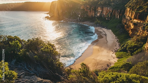 A picturesque coastal landscape with golden sands stretching along the shoreline and pristine waters shimmering in the sunlight  framed by lush vegetation and dramatic cliffs