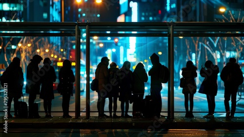 A line of diverse people waiting at a bus stop, their silhouettes outlined against the bright city lights at night