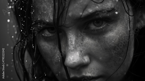 An intense black and white close-up of a woman's face partially covered in water droplets, highlighting her fierce and focused gaze.
 photo