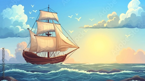 Old-fashioned sail ship with wooden deck and cloth sails riding on sea or ocean waves. Cartoon rendering of marine vista with vintage vessel. Medieval aquatic conveyance for recreational purposes or f