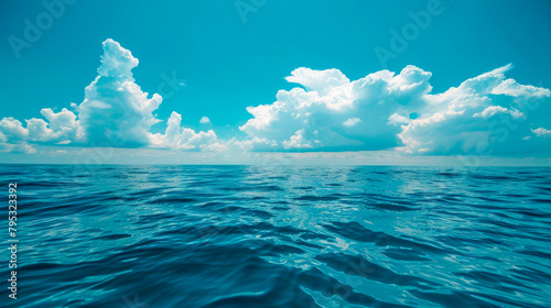 Blue sea or ocean water surface and underwater with sunny and cloudy sky. The sun is casting its golden rays through the fluffy clouds, creating a mesmerizing display over the ocean. 