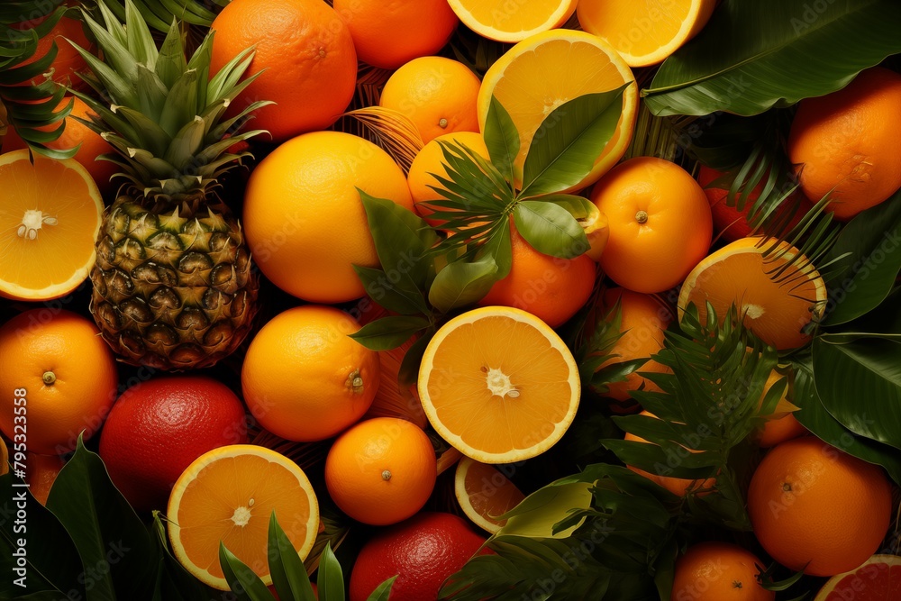Composition of fresh tropical fruits background and pattern Composition of fresh tropical fruits background and pattern