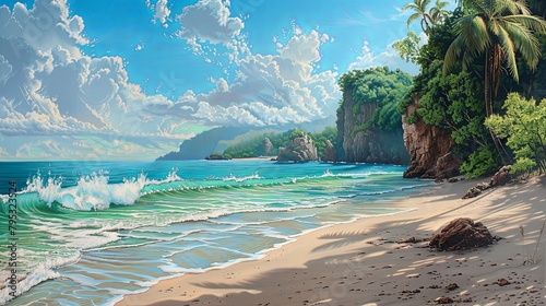 A serene beach scene with gentle waves lapping against the shore of a secluded sandy cove, surrounded by dramatic cliffs and lush tropical vegetation,