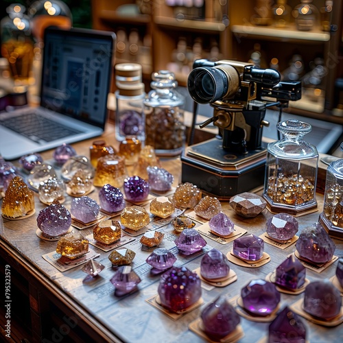 A wooden table covered in purple and yellow crystals, a microscope, and an open laptop.
